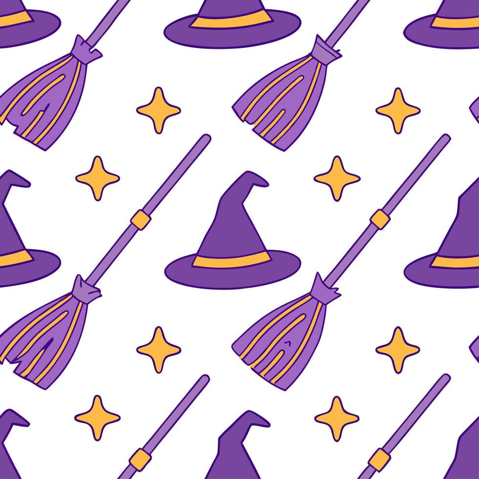 Witch hats and broomsticks seamless tile pattern with mystical elements and purple tones for magical home decor concept as Mystical witch hats and broomsticks arranged seamlessly w Clear vector
