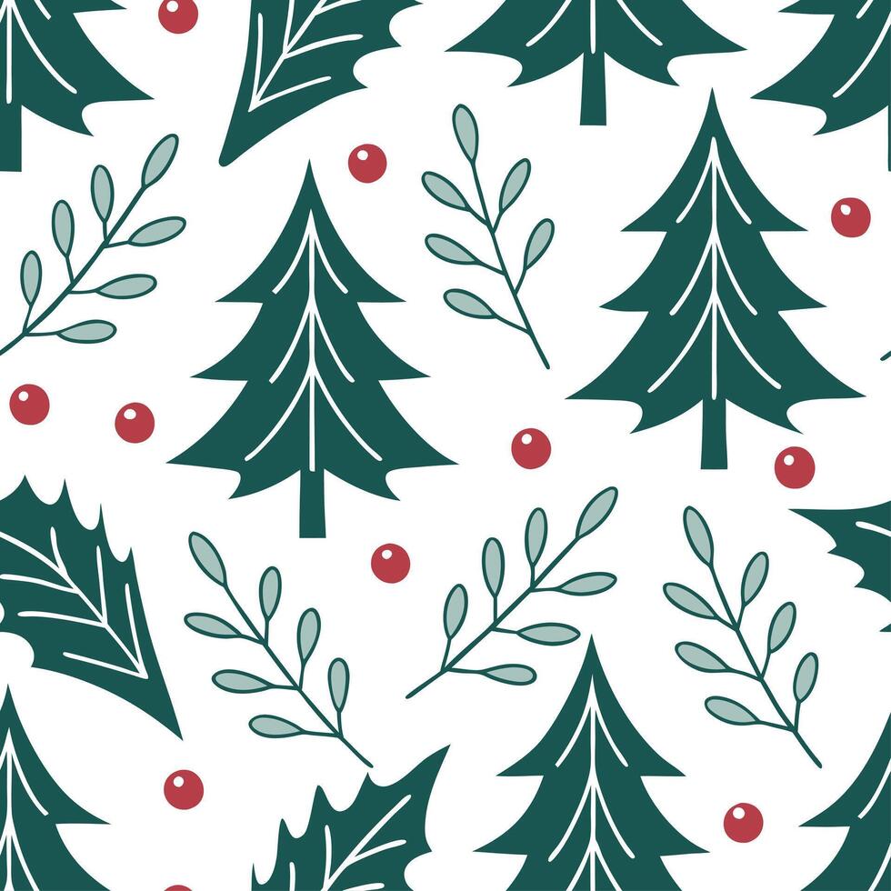Winter seamless pattern with pine trees holly leaves and berries for a festive holiday design concept as Holiday winter pattern with pine trees holly leaves and berries for a festi Clear vector