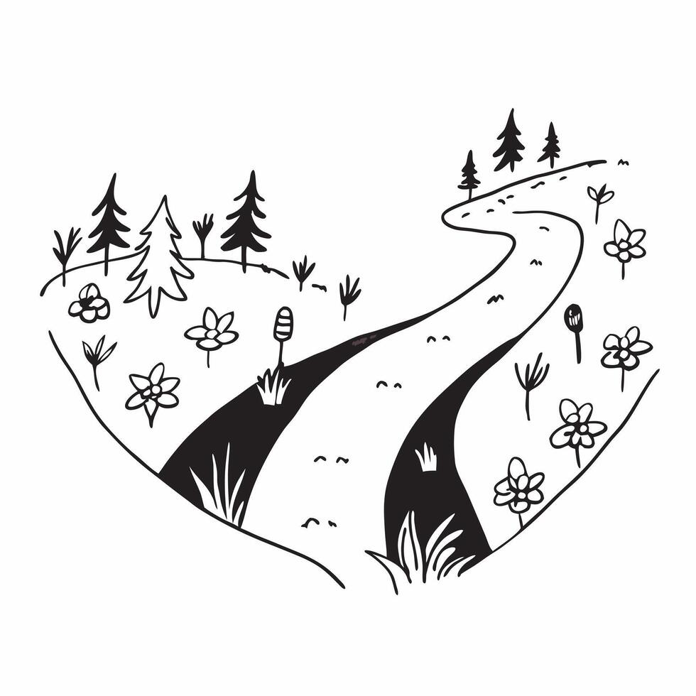 Wildflower Trail through the Woods concept as A trail through the woods is lined with wildflowers leading hikers through a natural floral avenue in Photo Stock Concept Clear Set 2 vector