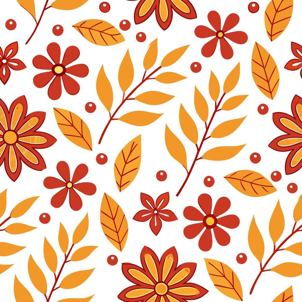Warm autumn seamless pattern with fall flowers leaves and berries for a colorful harvest inspired design concept as Colorful autumn pattern with fall flowers leaves and berries per Clear vector
