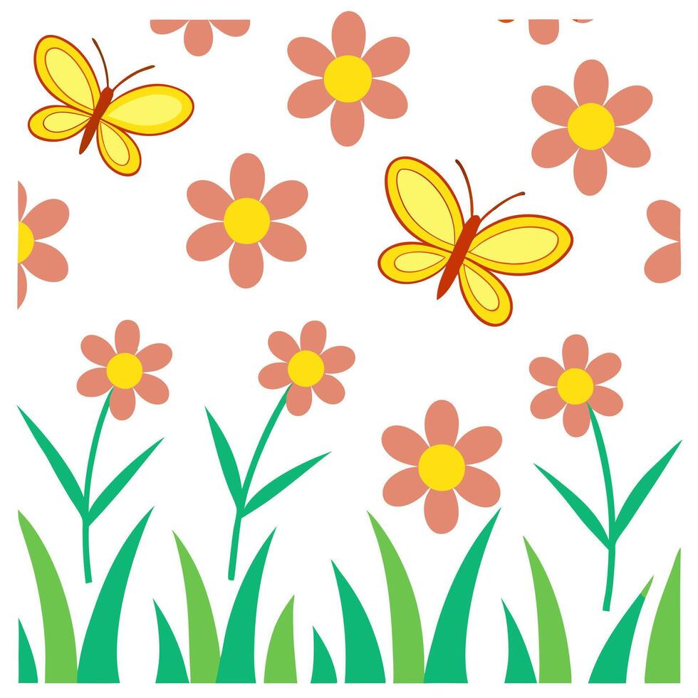 Vibrant spring nature seamless pattern with blooming flowers and fluttering butterflies for lively outdoor scenes concept as Lively spring pattern with blooming flowers and butterf Clear vector