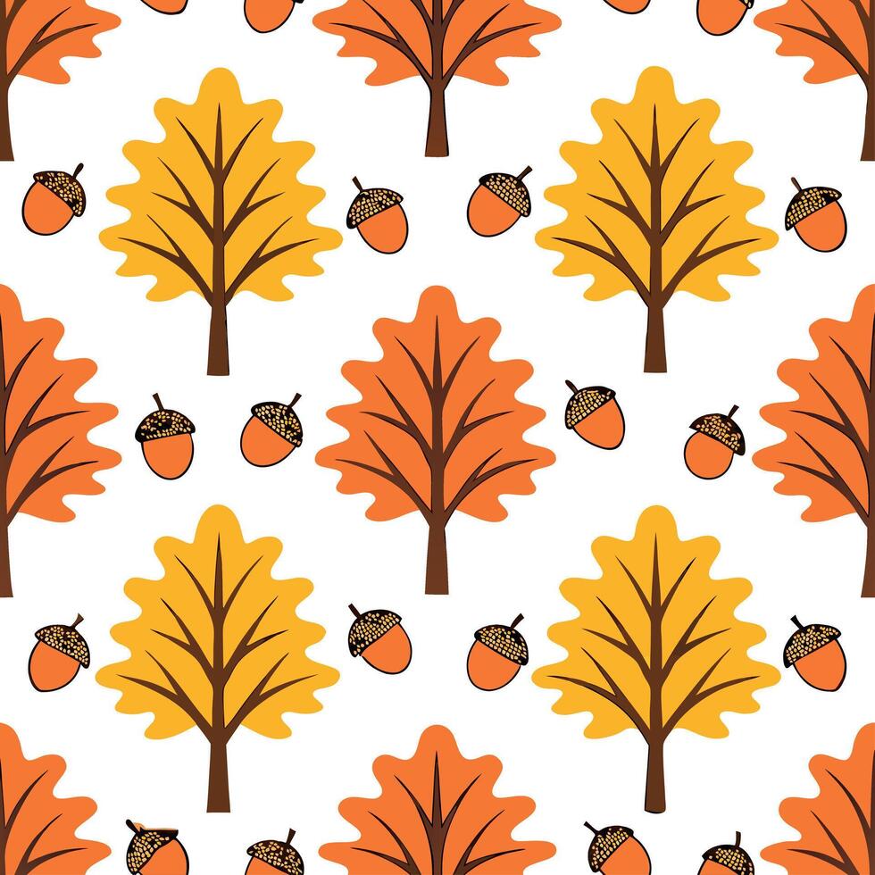 Vibrant autumn trees seamless tile pattern with colorful leaves and acorns for lively fall spaces concept as Colorful autumn leaves and acorns arranged seamlessly to create lively Clear Set 3 vector