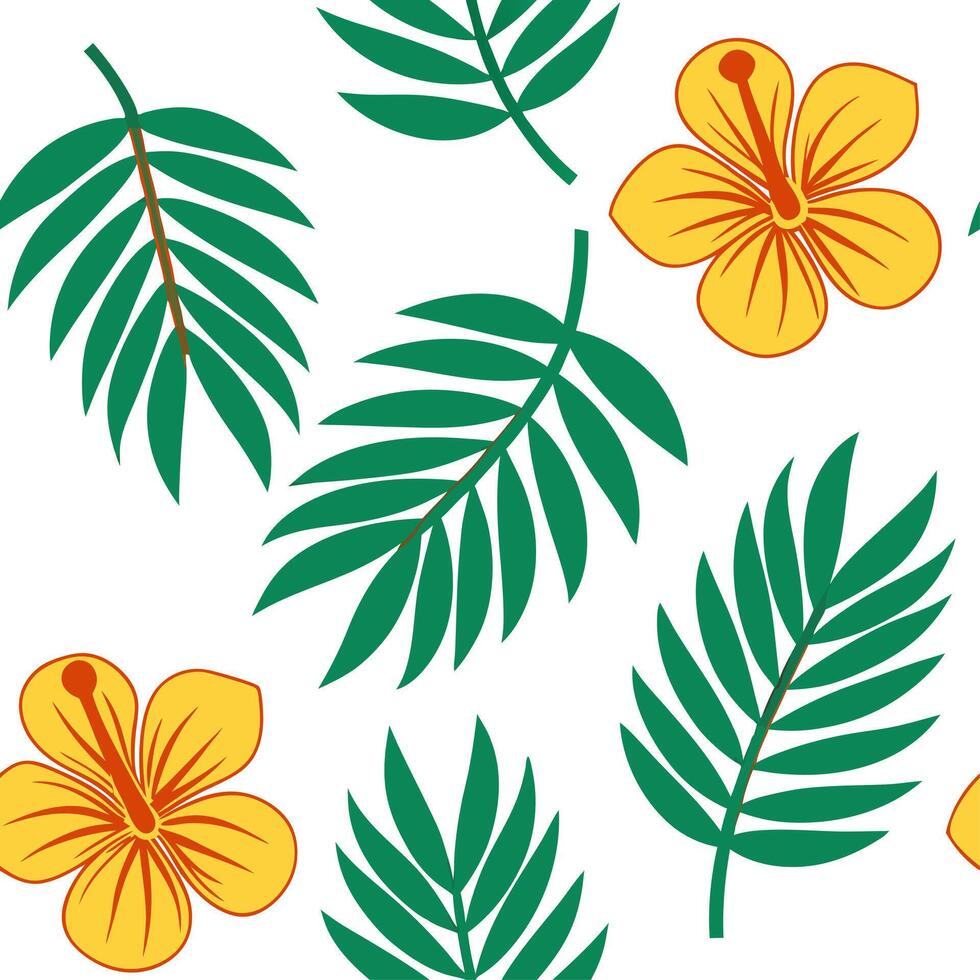 Tropical summer flowers seamless pattern with exotic florals and bright warm hues for an adventurous summer vibe concept as Exotic summer flowers pattern with tropical florals and Clear vector