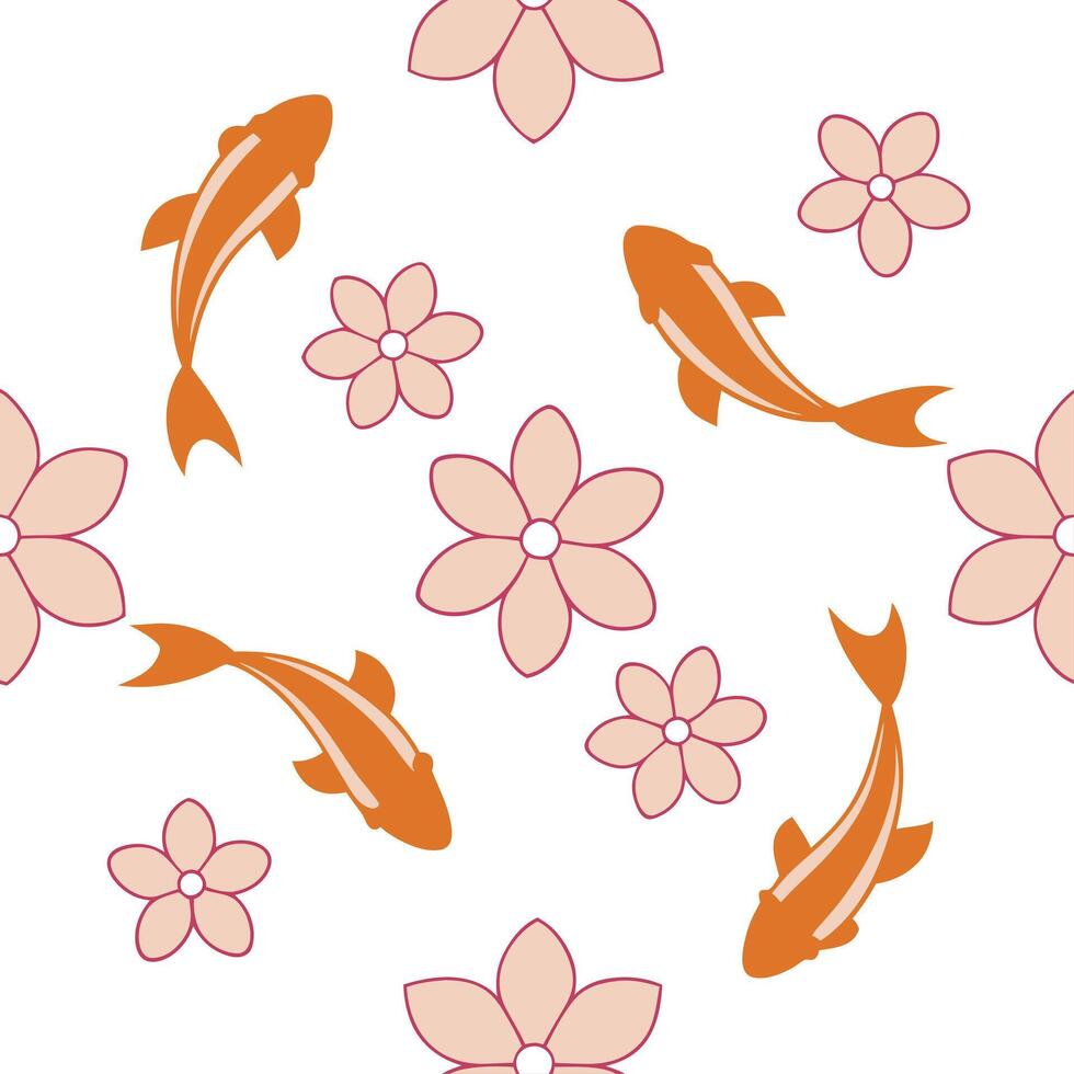 Traditional Japanese cherry blossoms and koi fish seamless tile pattern with delicate pinks and vibrant oranges for serene home decor concept as Delicate cherry blossoms and vibran Clear vector