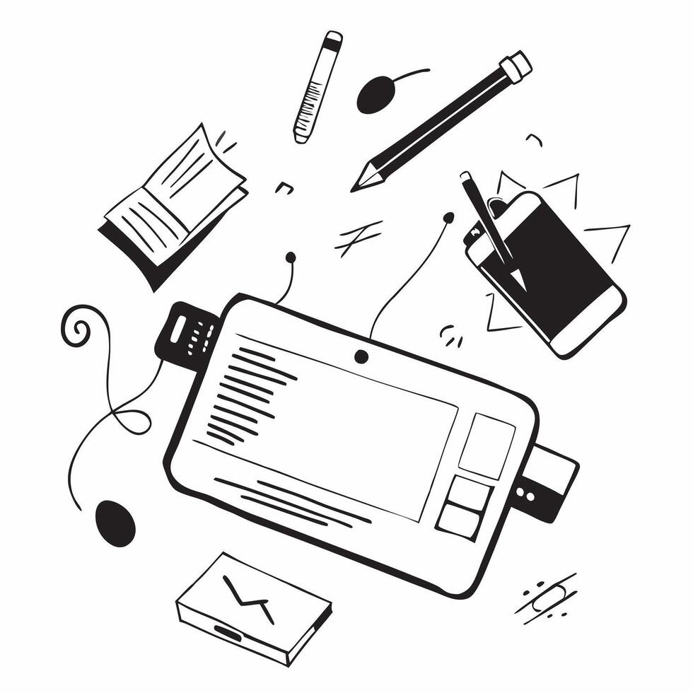 Top view of a workspace with a tablet and drawing pen symbolizing digital sketching in double exposure with copy space concept as A top view of a workspace with a tablet and drawi Clear Set 2 vector