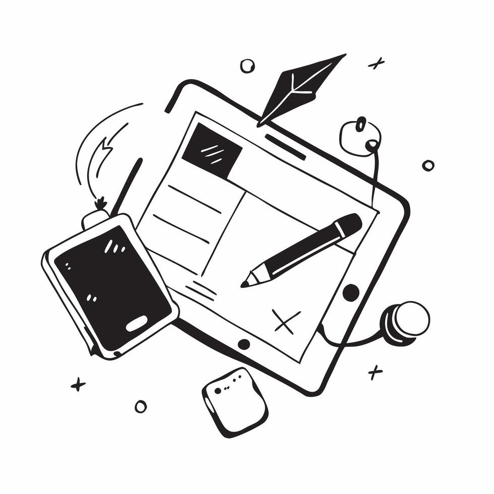 Top view of a workspace with a tablet and drawing pen symbolizing digital sketching in double exposure with copy space concept as A top view of a workspace with a tablet and drawi Clear Set 3 vector