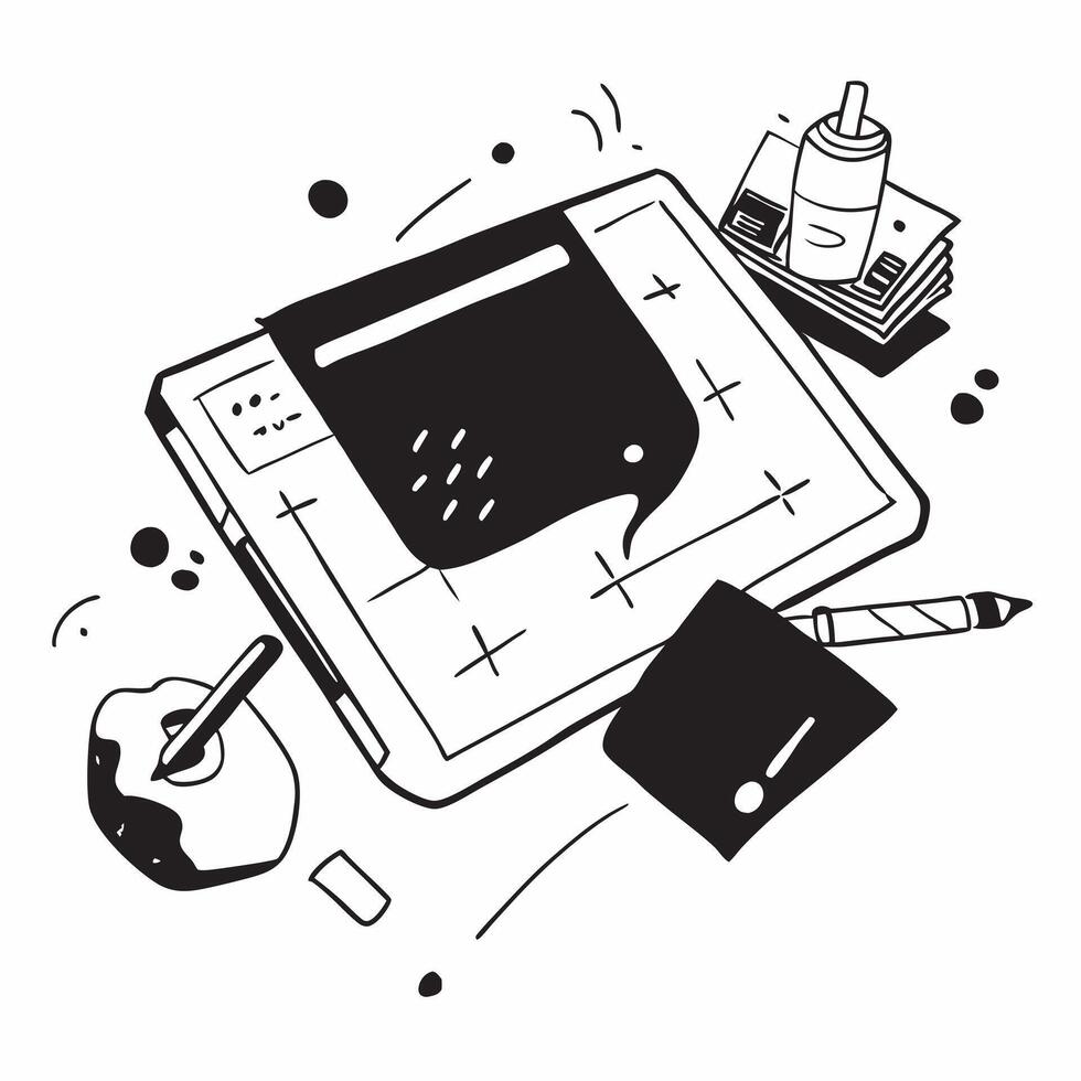 Top view of a workspace with a tablet and drawing pen symbolizing digital sketching in double exposure with copy space concept as A top view of a workspace with a tablet and drawi Clear vector
