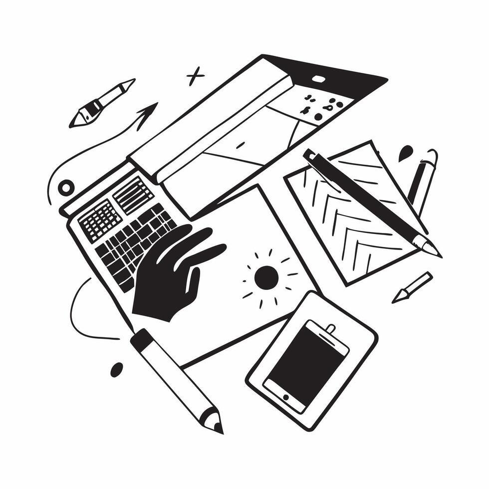 Top view of a workspace with a phone and notebook symbolizing organization in double exposure with copy space concept as A top view of a workspace blended with a phone and noteboo Clear vector
