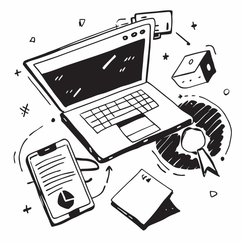 Top view of a workspace with a laptop and sticky notes symbolizing digital productivity in double exposure with copy space concept as A top view of a workspace with a laptop and s Clear Set 5 vector