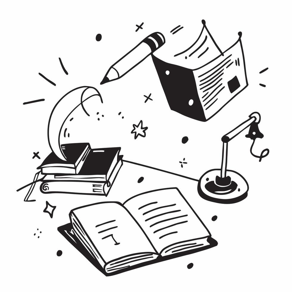 Top view of a workspace with a desk lamp and a book symbolizing reading and light in double exposure with copy space concept as A top view of a workspace blended with a desk lamp Clear vector