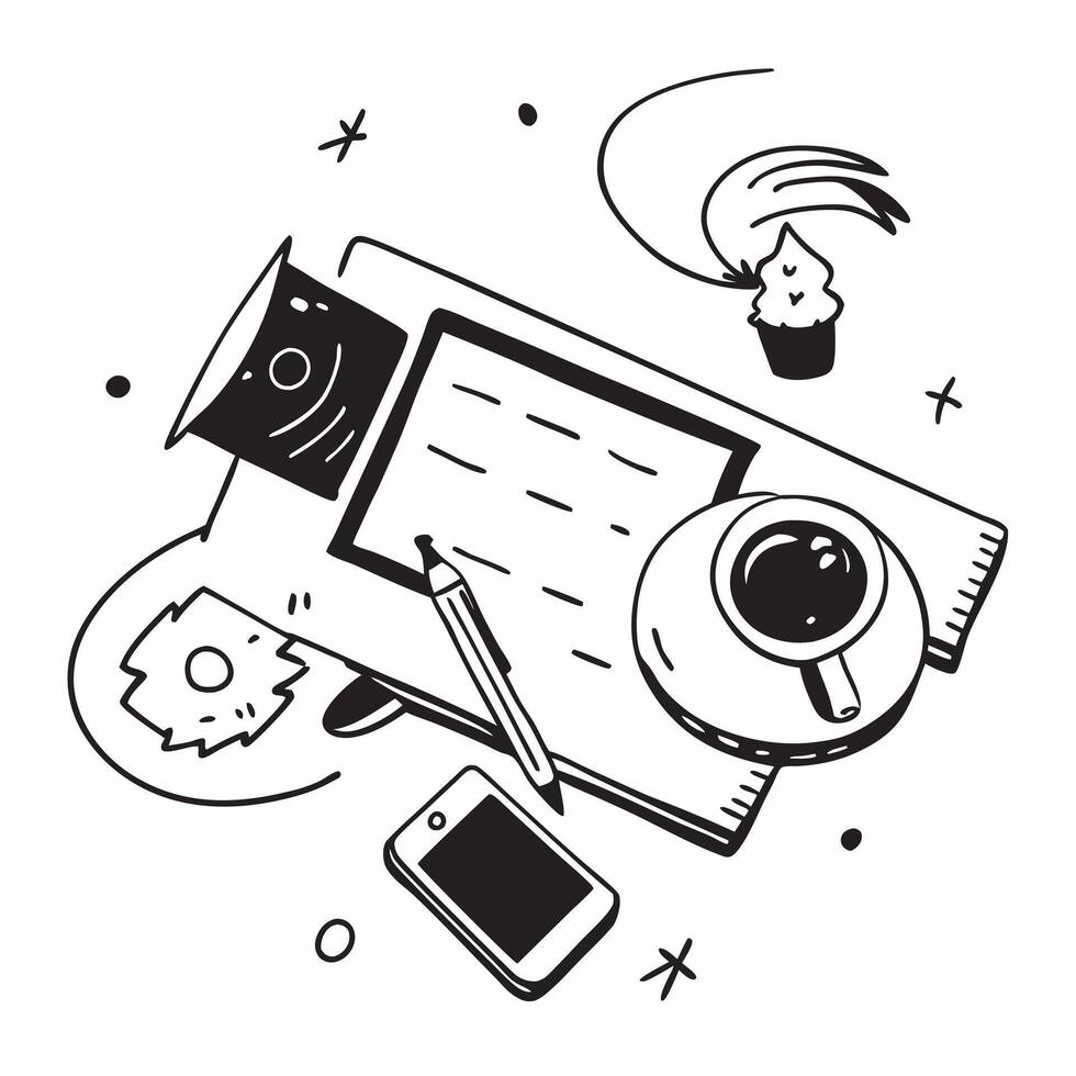 Top view of a workspace with a coffee mug and graphic tablet symbolizing creative work in double exposure with copy space concept as A top view of a workspace blended with a coffe Clear vector