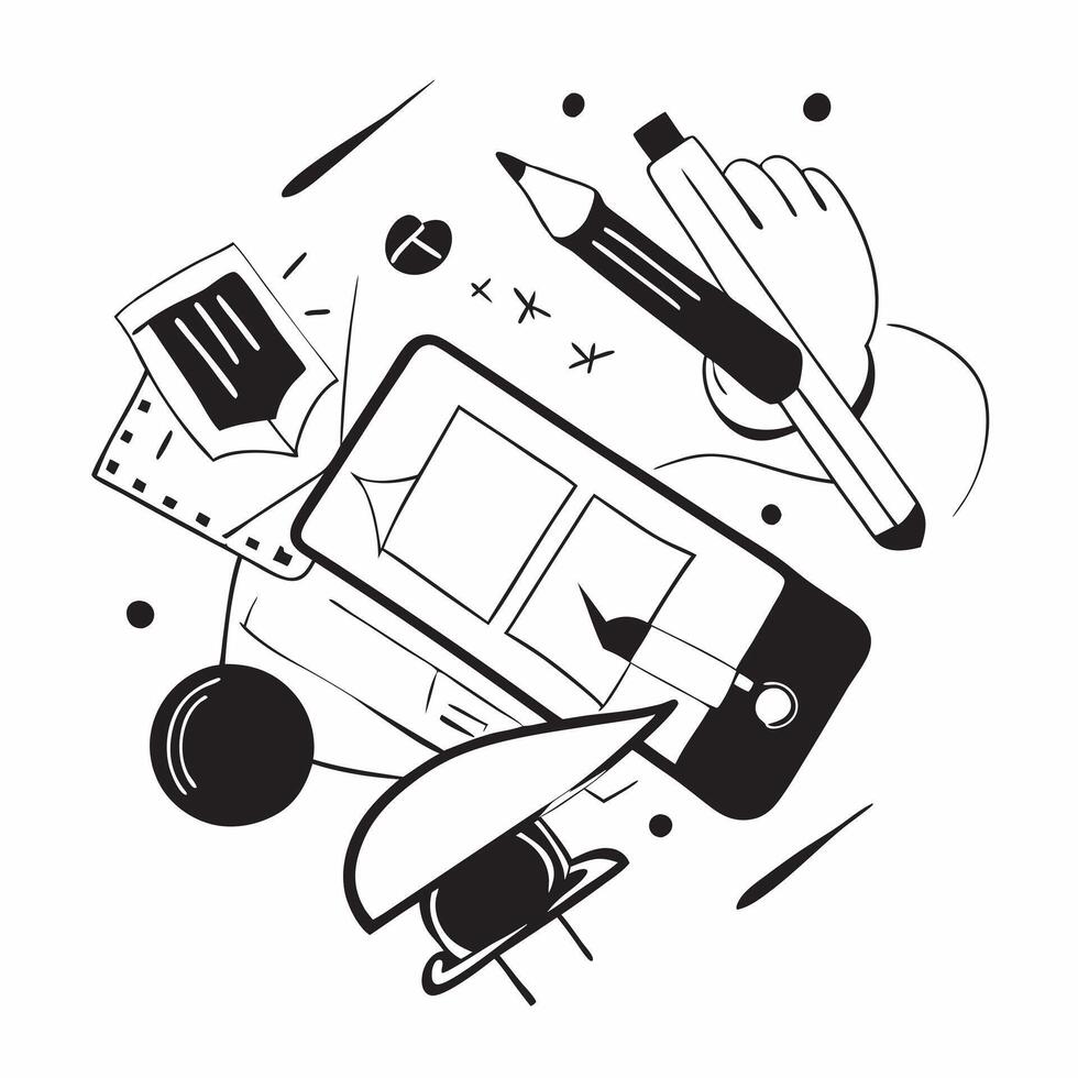 Top view of a workspace with a computer mouse and documents symbolizing information management in double exposure with copy space concept as A top view of a workspace blended with Clear Set 2 vector