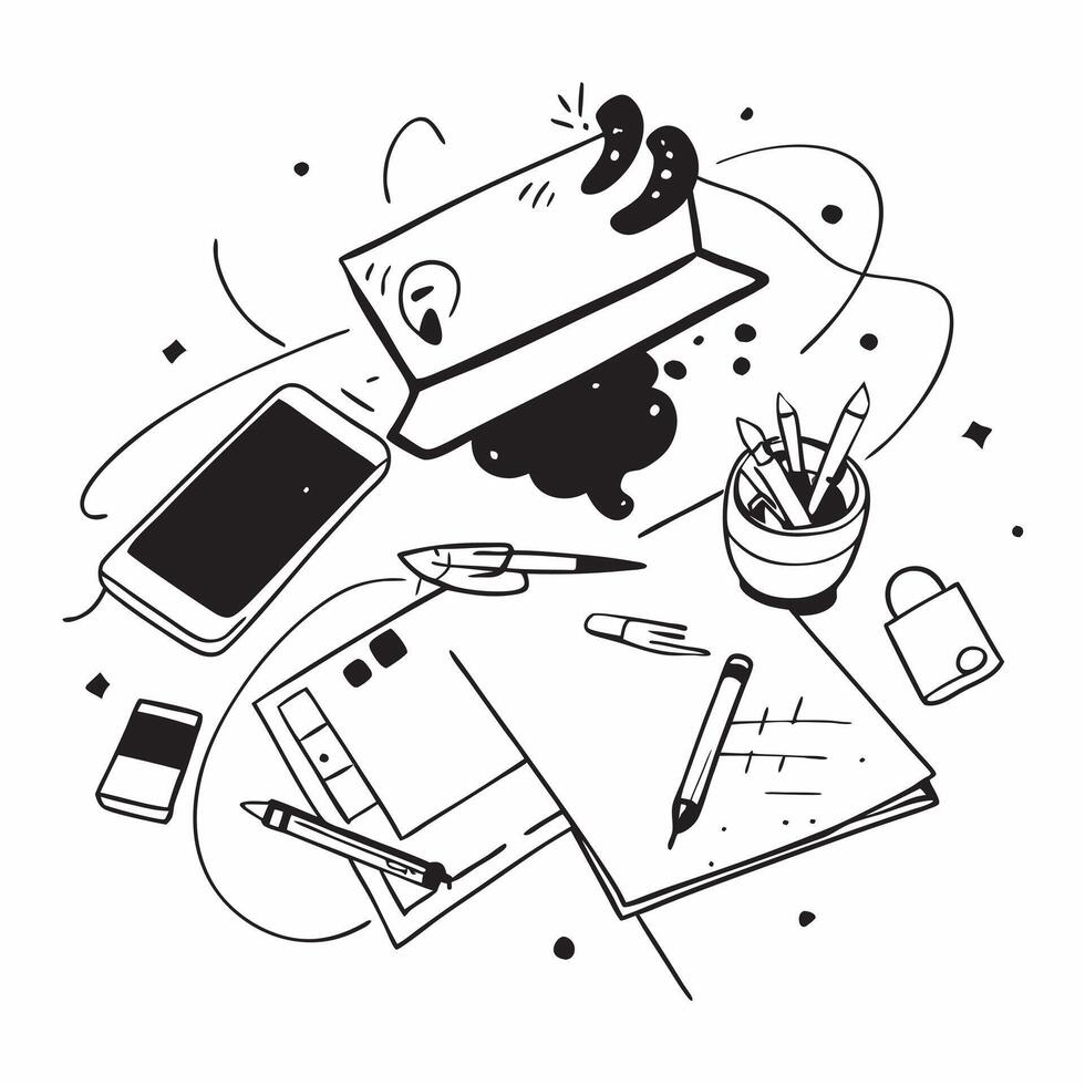 Top view of a workspace with a drawing pad and color pencils symbolizing creativity in double exposure with copy space concept as A top view of a workspace blended with a drawing Clear vector