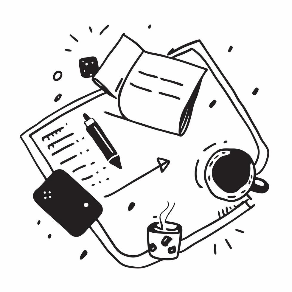 Top view of a workspace with a coffee cup and notepad symbolizing planning in double exposure with copy space concept as A top view of a workspace blended with a coffee cup and no Clear Set 2 vector