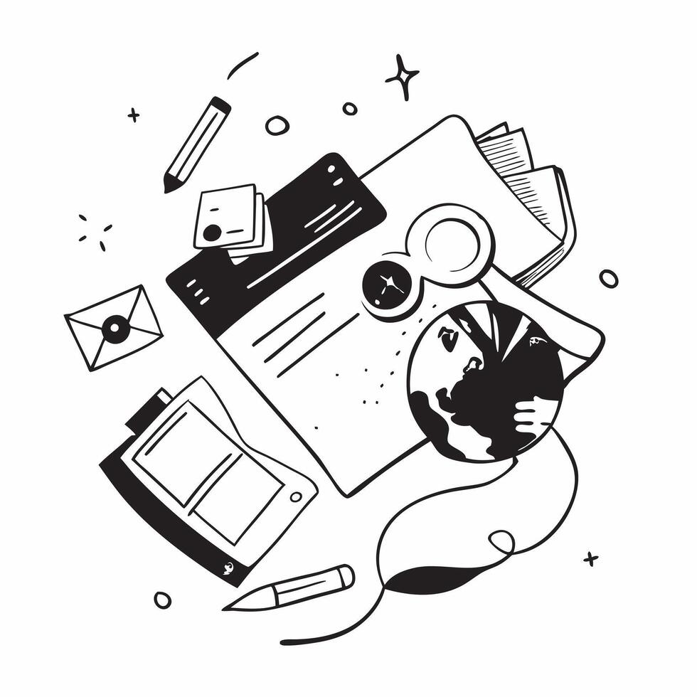 Top view of a workspace with a coffee cup and notepad symbolizing planning in double exposure with copy space concept as A top view of a workspace blended with a coffee cup and no Clear vector