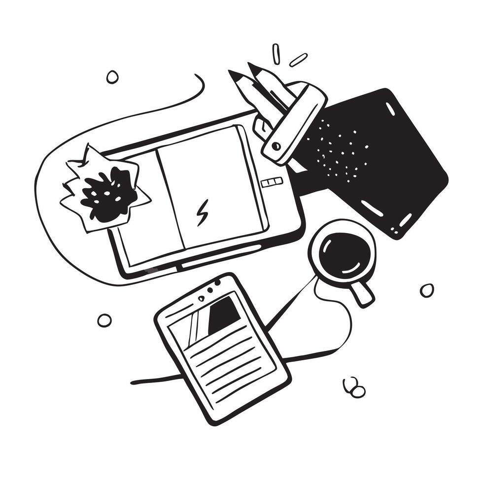 Top view of a desk with a tablet and coffee cup symbolizing creative breaks in double exposure with copy space concept as A top view of a desk with a tablet and coffee cup intertw Clear vector