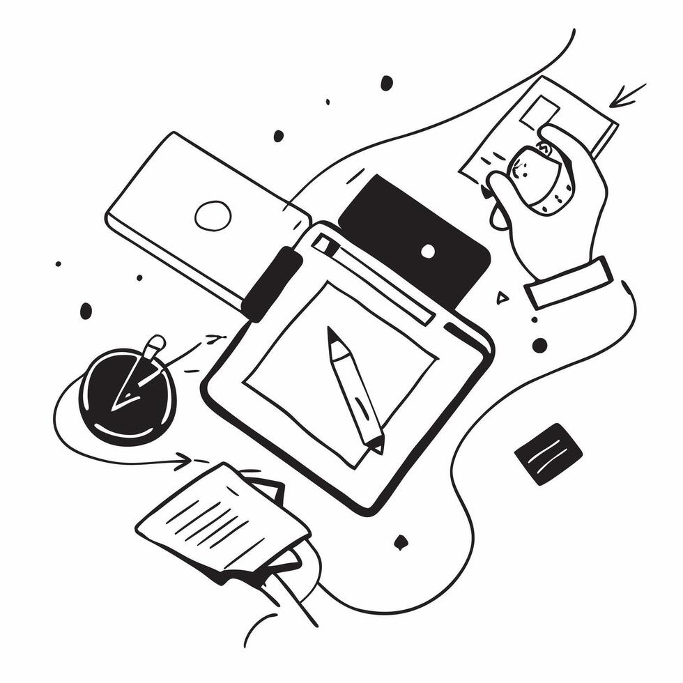 Top view of a desk with a sketchbook and a digital tablet symbolizing creativity and technology in double exposure with copy space concept as A top view of a desk with a sketchboo Clear vector