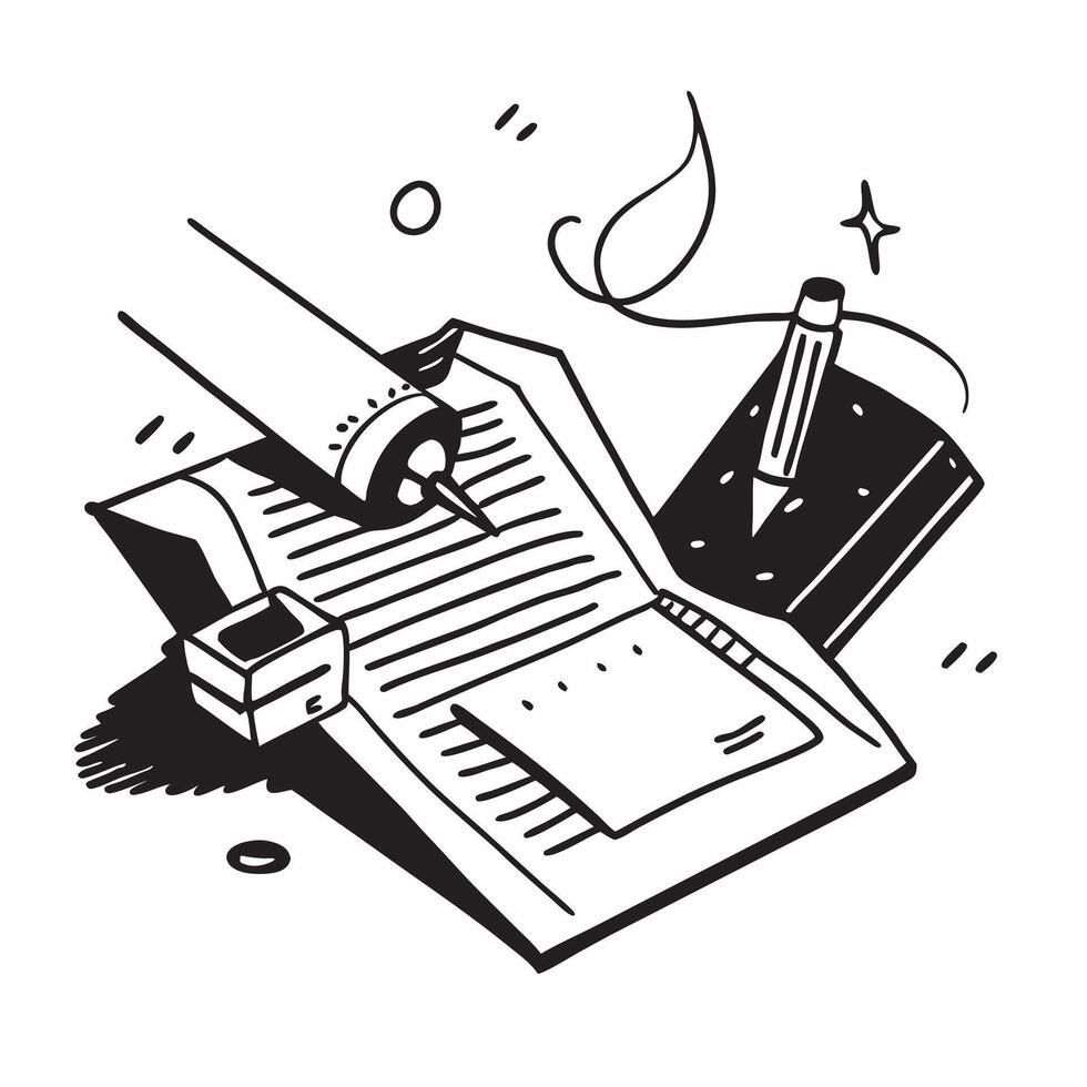Top view of a desk with a pen and notebook symbolizing writing tools in double exposure with copy space concept as A top view of a desk with a pen and notebook intertwined represe Clear vector