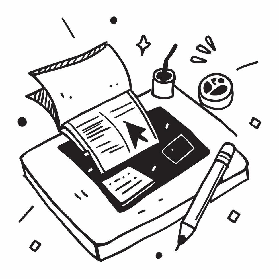 Top view of a desk with a sketchbook and a digital tablet symbolizing creativity and technology in double exposure with copy space concept as A top view of a desk with a sketchboo Clear Set 2 vector