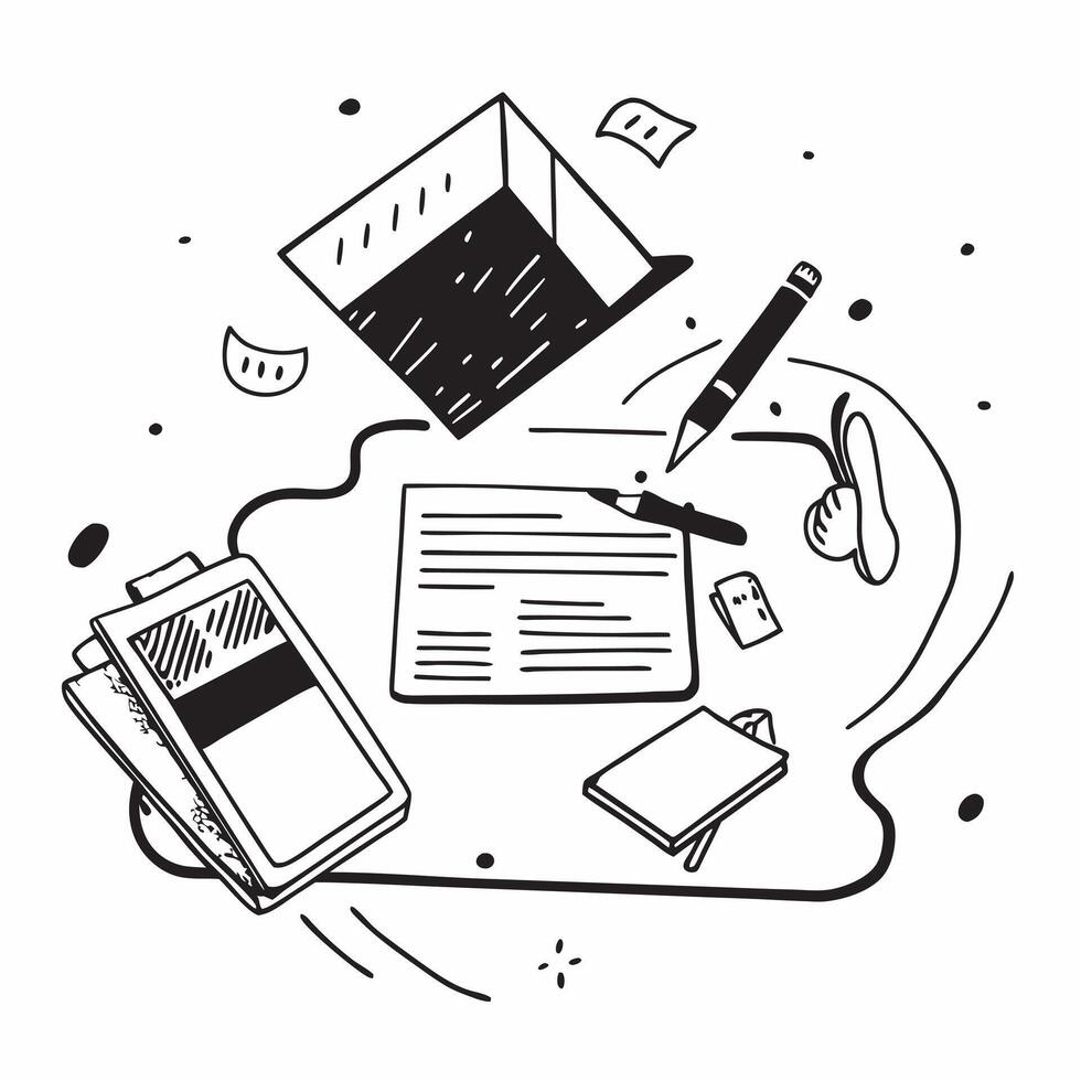 Top view of a desk with a pen and a smartphone symbolizing communication in double exposure with copy space concept as A top view of a desk with a pen and smartphone intertwined r Clear vector