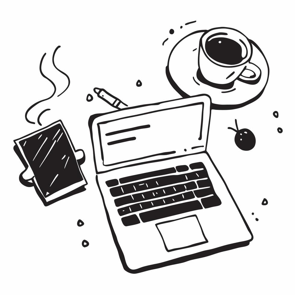 Top view of a desk with a laptop and a coffee mug symbolizing efficiency and comfort in double exposure with copy space concept as A top view of a desk with a laptop and a coffee Clear vector