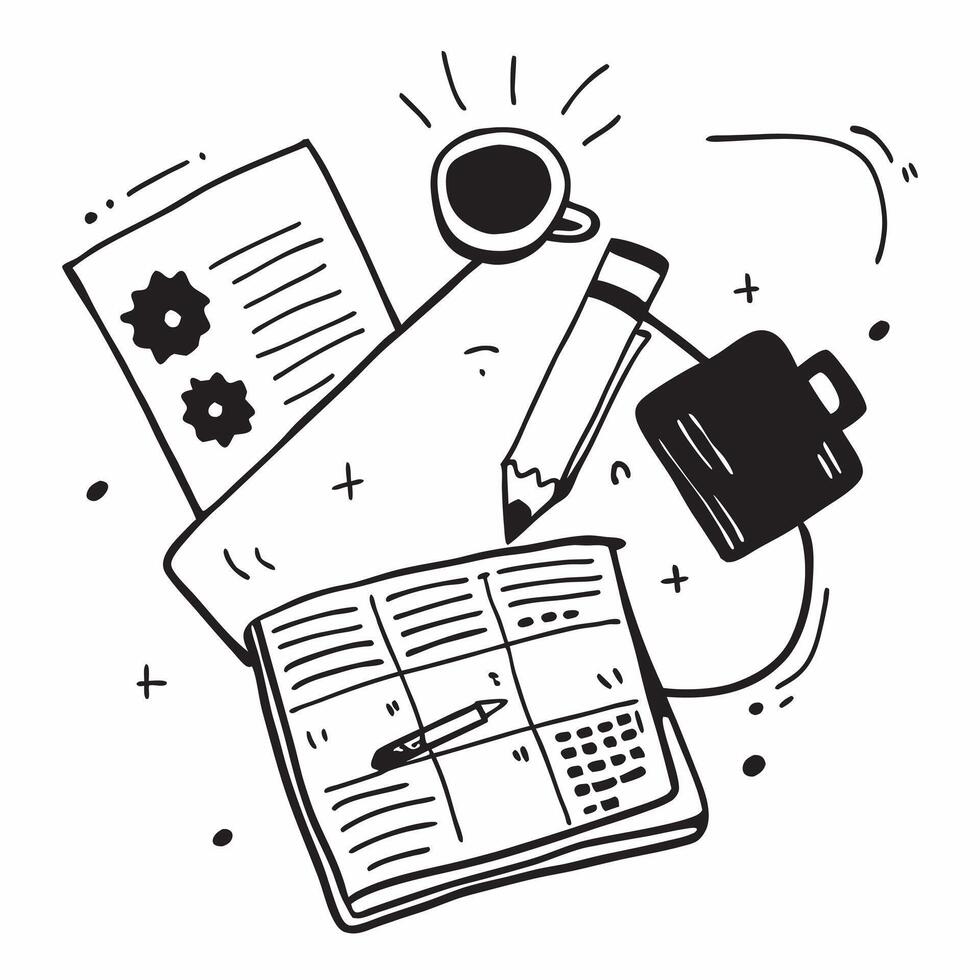 Top view of a desk with a planner and coffee mug symbolizing organized planning in double exposure with copy space concept as A top view of a desk with a planner and coffee mug in Clear vector