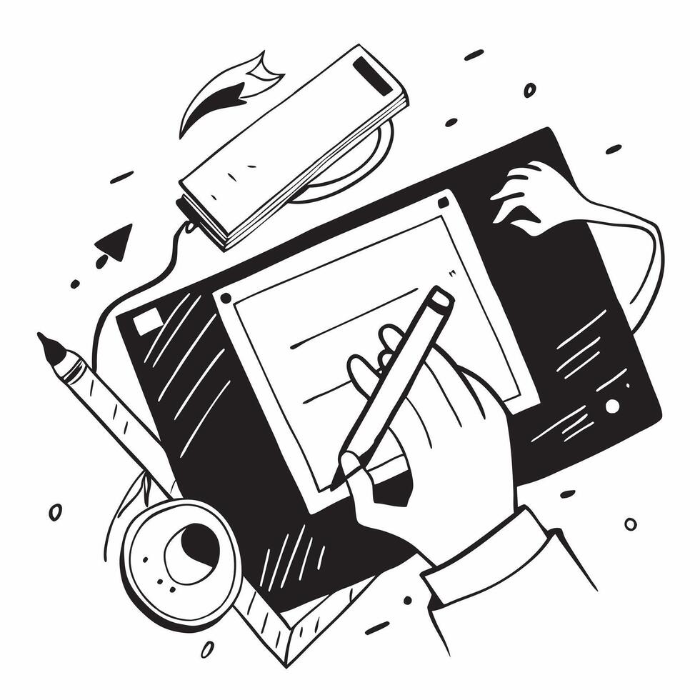 Top view of a desk with a graphic tablet and stylus symbolizing digital artistry in double exposure with copy space concept as A top view of a desk with a graphic tablet and stylu Clear vector