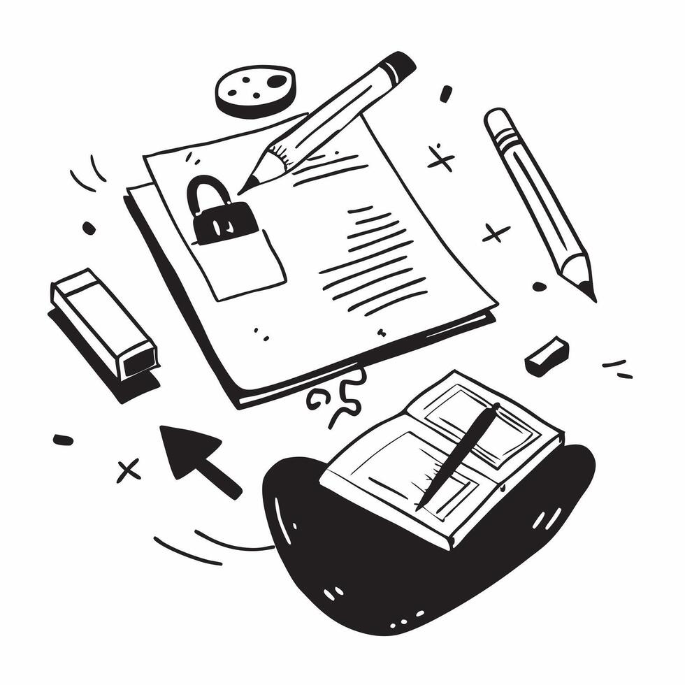 Top view of a desk with a drawing pad and pencils symbolizing artistic tools in double exposure with copy space concept as A top view of a desk with a drawing pad and pencils inte Clear vector