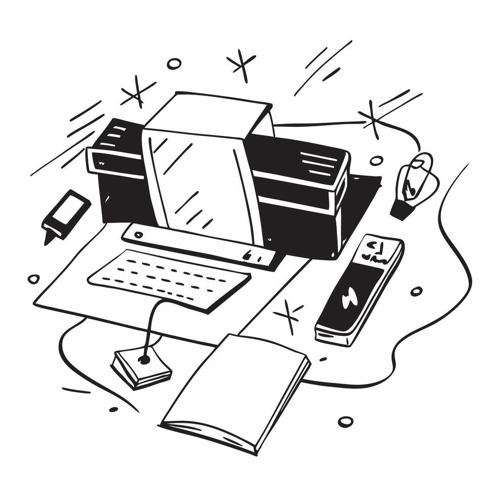 Top view of a desk with a monitor and phone symbolizing digital communication in double exposure with copy space concept as A top view of a desk with a monitor and phone intertwin Clear vector