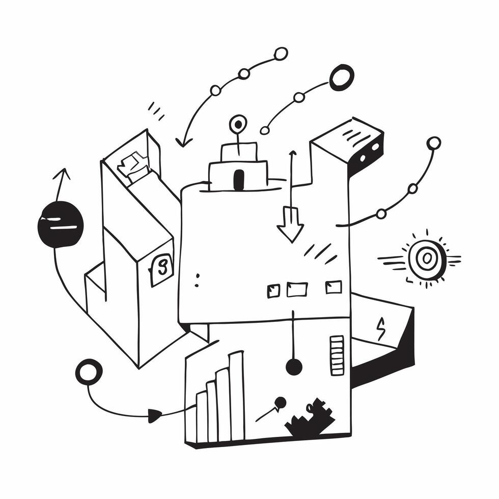 Top view of a cityscape with overlay of tech symbols symbolizing digital transformation in double exposure with copy space concept as A top view of a cityscape blended with tech s Clear Set 10 vector