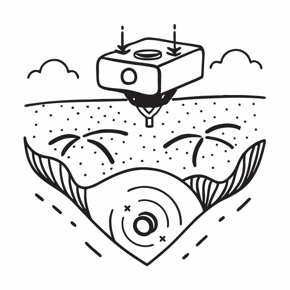 Top view of a crop field with UAV survey overlay symbolizing unmanned aerial farming in double exposure with copy space concept as A top view of a crop field intertwined with a UA Clear vector
