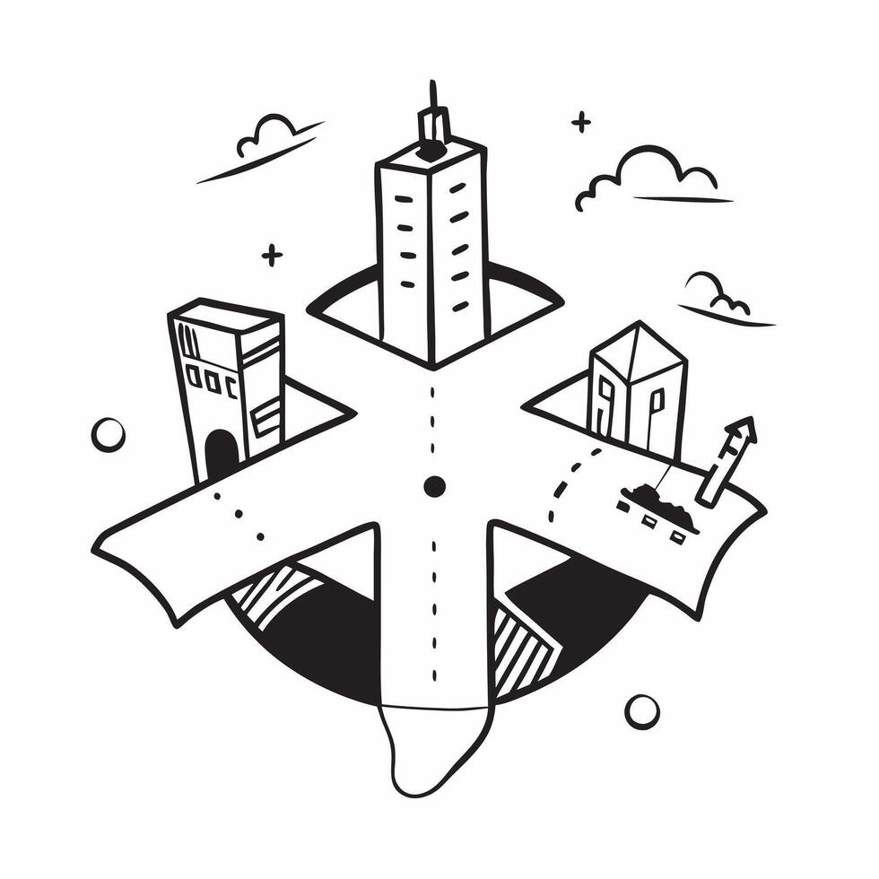 Top view of a cityscape with overlay of tech symbols symbolizing digital transformation in double exposure with copy space concept as A top view of a cityscape blended with tech s Clear Set 7 vector