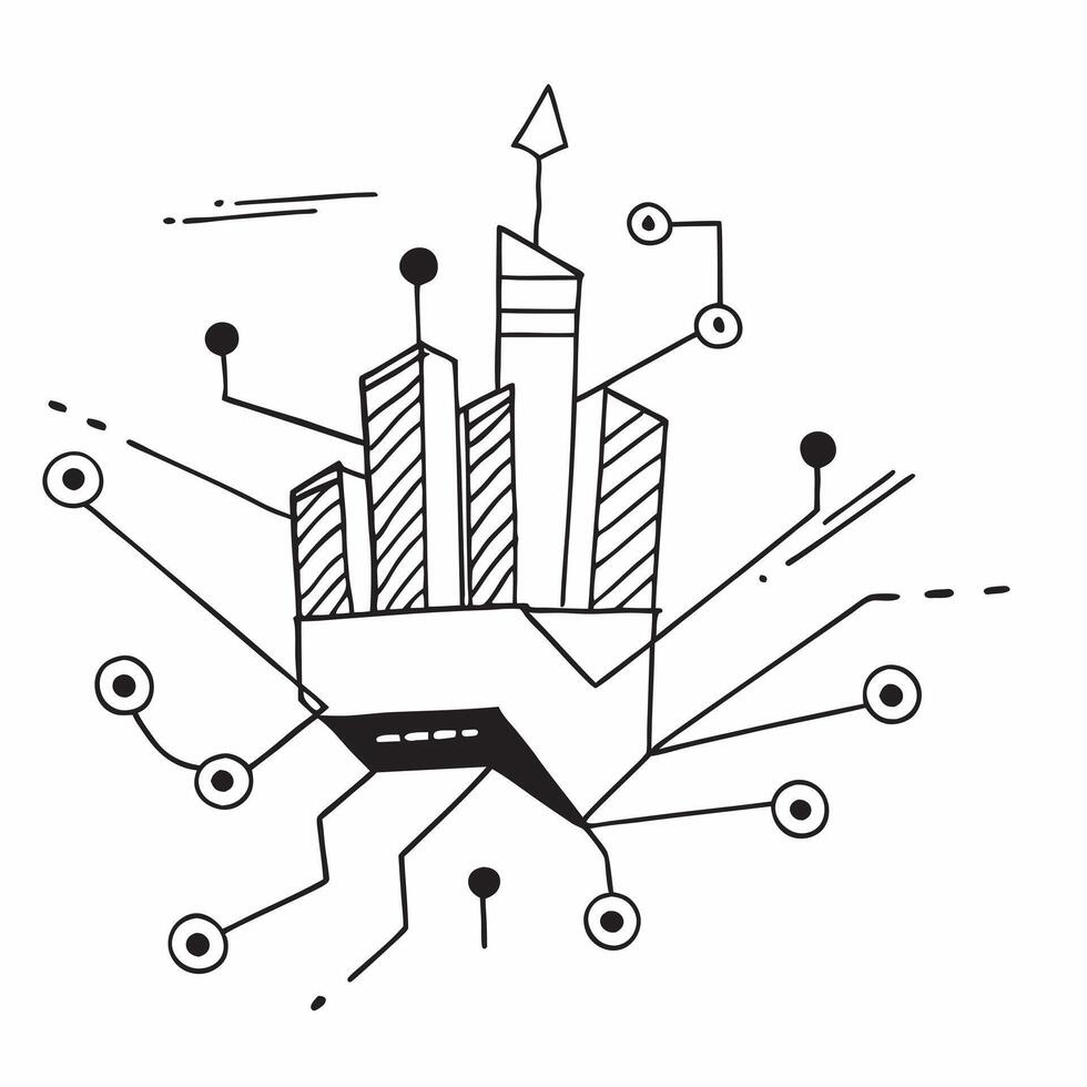 Top view of a cityscape with overlay of tech symbols symbolizing digital transformation in double exposure with copy space concept as A top view of a cityscape blended with tech s Clear Set 3 vector