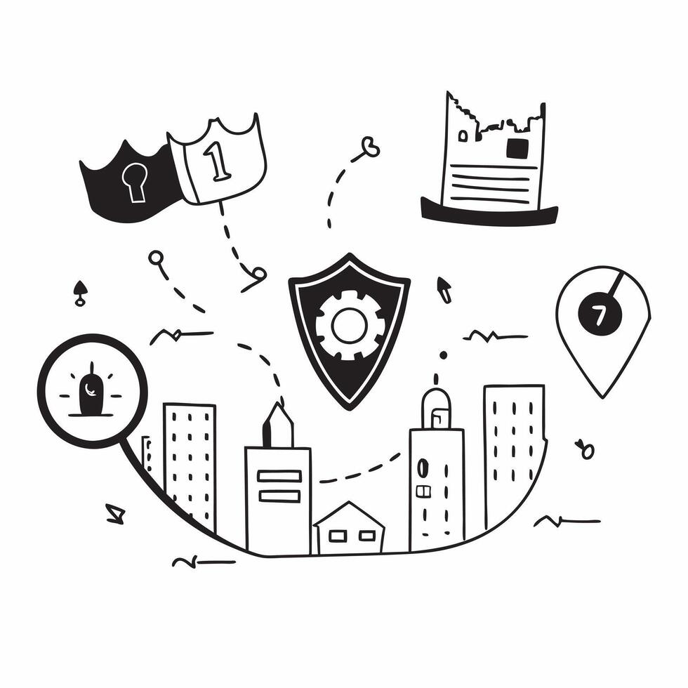 Top view of a cityscape with overlay of tech symbols symbolizing digital transformation in double exposure with copy space concept as A top view of a cityscape blended with tech s Clear Set 8 vector