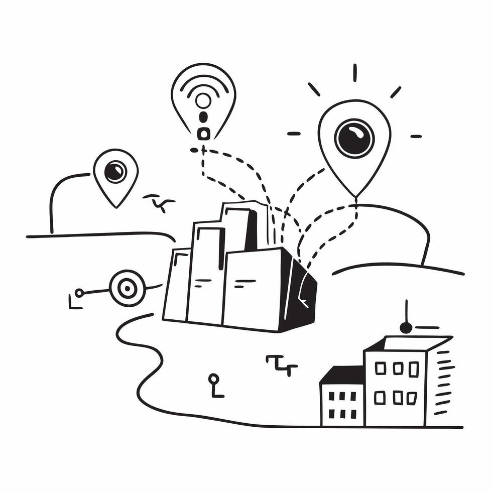Top view of a city with overlay of urban sensors symbolizing smart monitoring in double exposure with copy space concept as A top view of a city blended with urban sensors represe Clear Set 2 vector