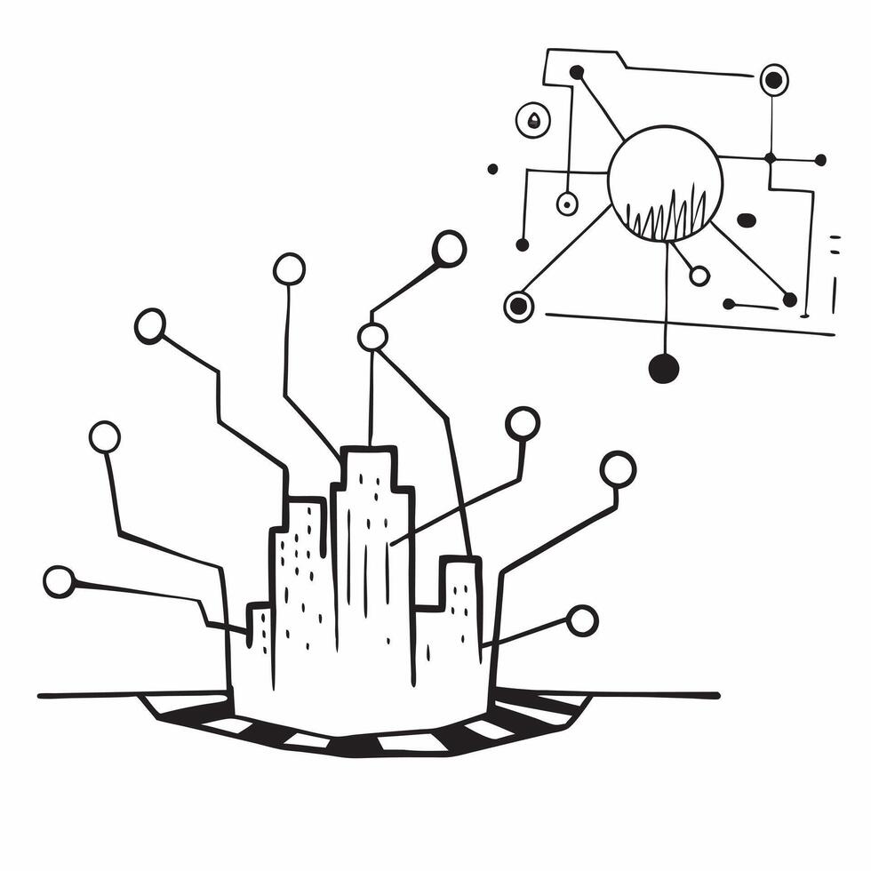 Top view of a city skyline with overlay of digital network lines symbolizing urban connectivity in double exposure with copy space concept as A top view of a city skyline blended Clear vector