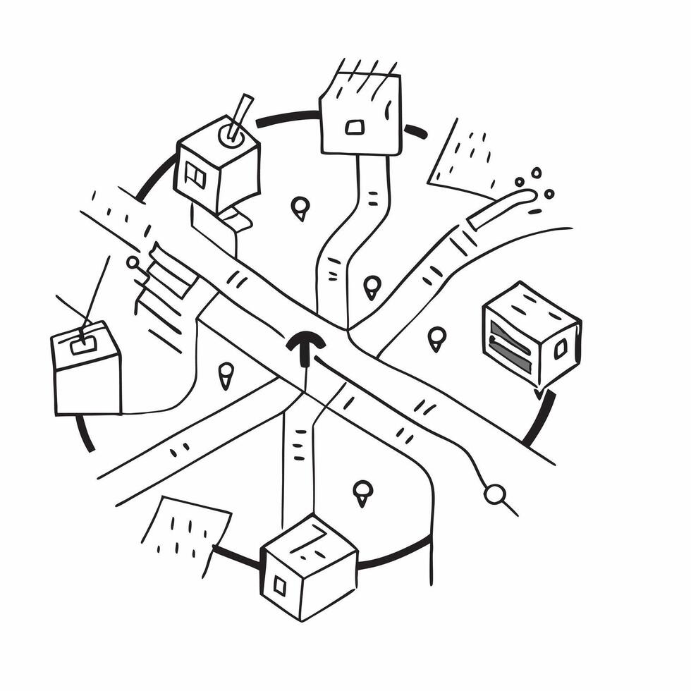 Top view of a city with drone paths overlay symbolizing futuristic delivery in double exposure with copy space concept as A top view of a city blended with drone paths representin Clear vector