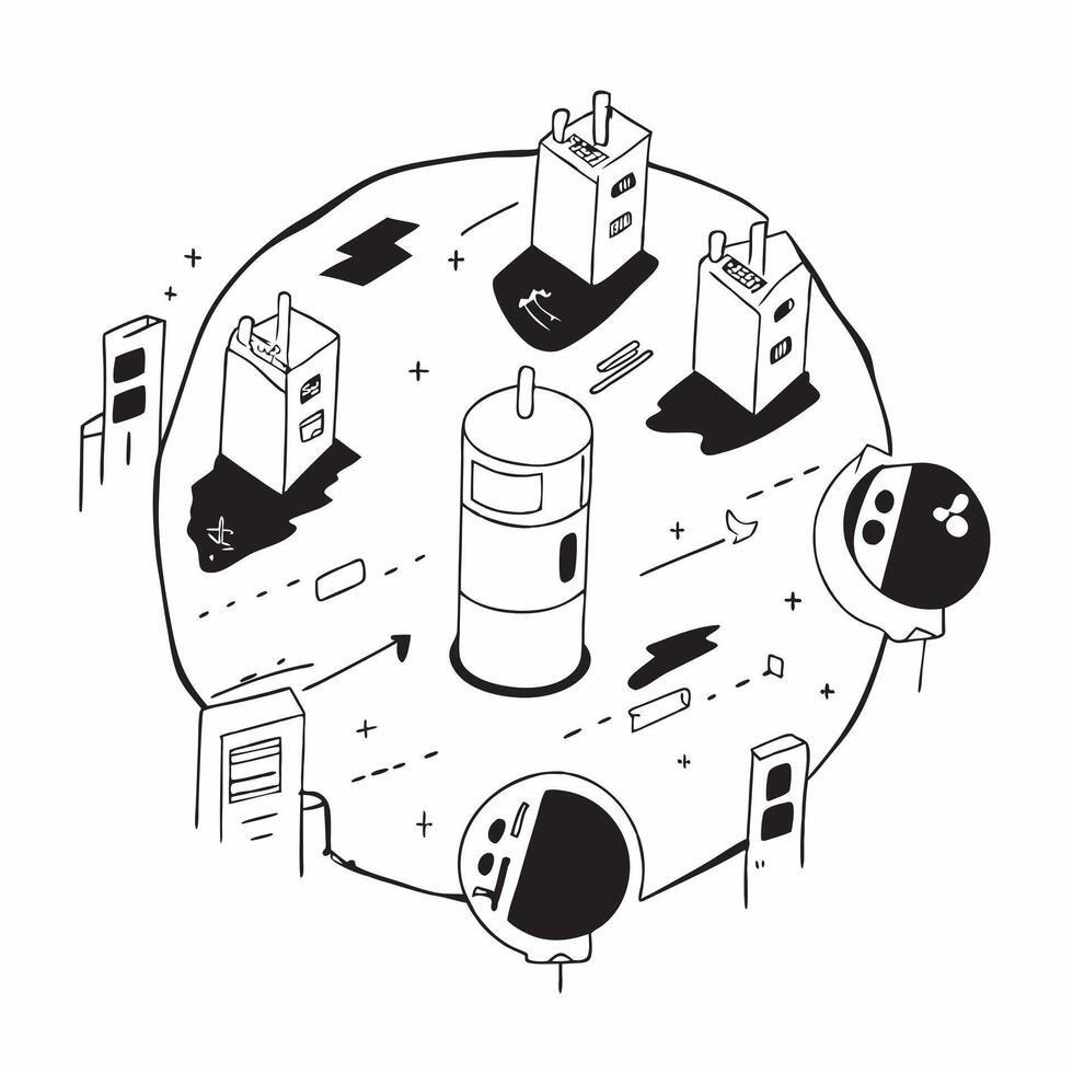Top view of a city with charging stations overlay symbolizing electric mobility in double exposure with copy space concept as A top view of a city blended with electric vehicle ch Clear vector