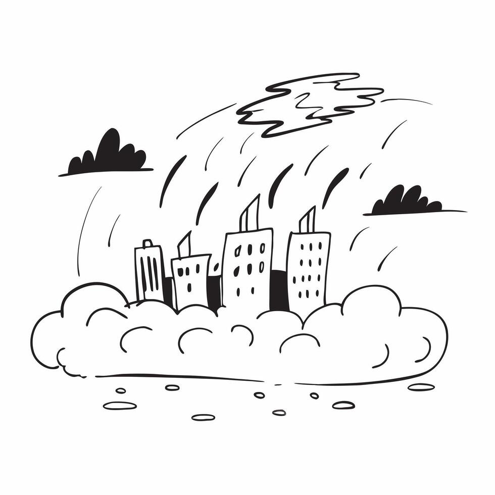Thunderous Sky Over City concept as City skyline under dramatic thunderclouds capturing the stark contrast between urban life and nature in Photo Stock Concept Clear Set 2 vector
