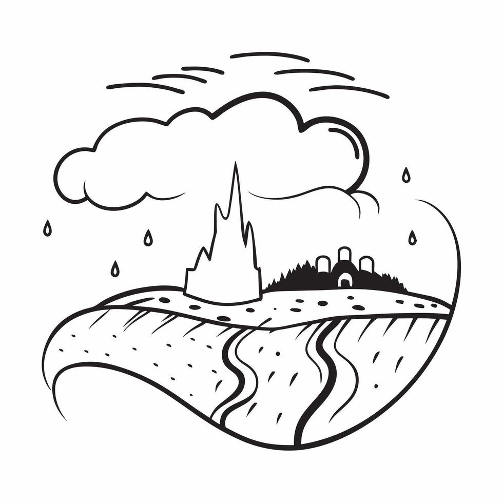 Thunder Rolling Over Rural Village concept as A small village experiences the awe inspiring power of a thunderstorm rolling in over the hills in Photo Stock Concept Clear vector