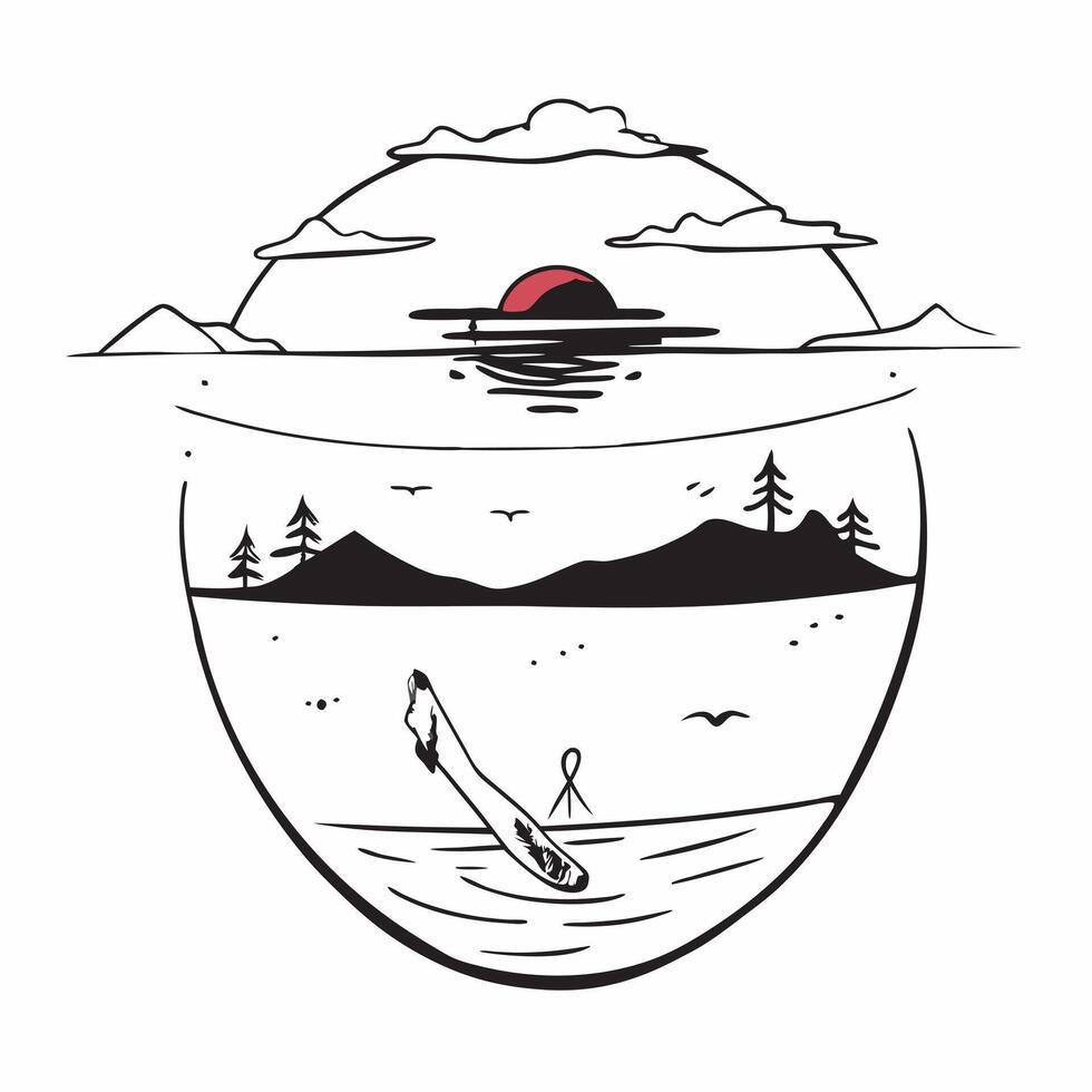 Sunset Canoe Adventure concept as A canoe glides on a mirrored lake at sunset with adventurers paddling under a sky painted with strokes of crimson in Photo Stock Concept Clear Set 2 vector