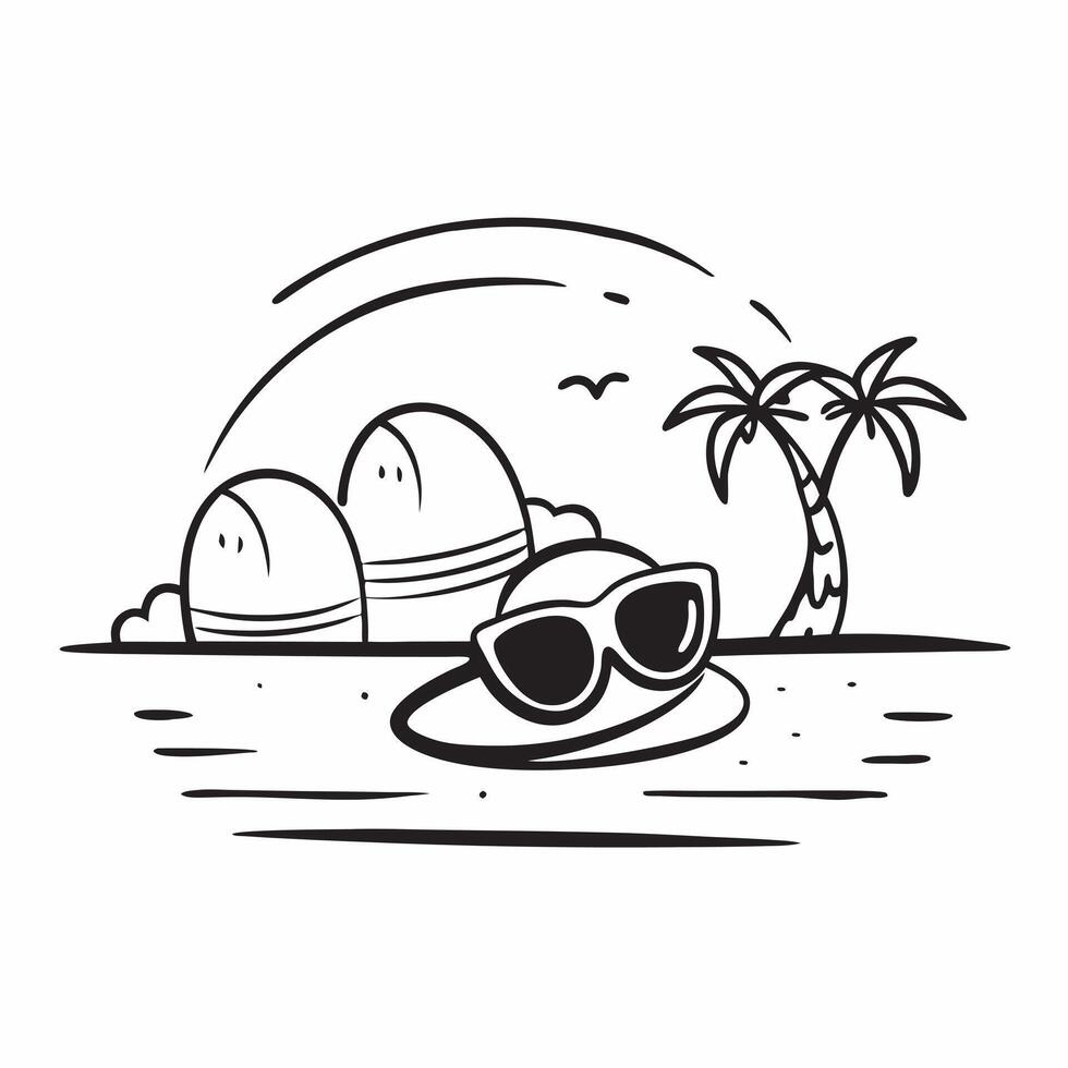 Sunhat and sunglasses on a tropical beach with a clear sky concept as Sunhat and sunglasses on a tropical beach with a clear sky providing ample copyspace for text capturing the es Clear vector