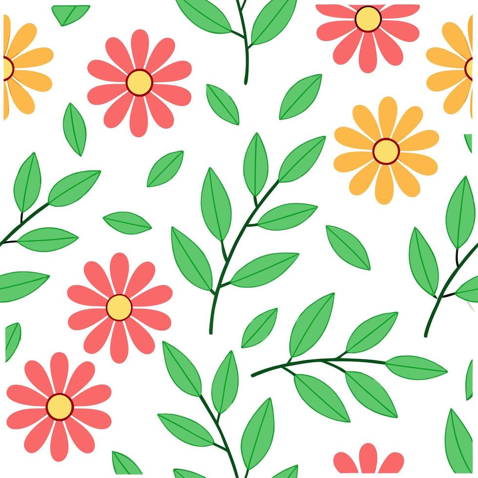 Summer flowers seamless pattern with vibrant petals and lush greenery for lively nature inspired designs concept as Vibrant summer flowers pattern with bright petals and lush green Clear vector