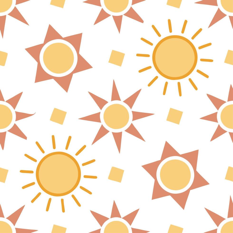 Summer bright seamless pattern with abstract sun shapes and geometric color blocks for a modern summer aesthetic concept as Modern summer pattern with abstract sun shapes and geome Clear vector