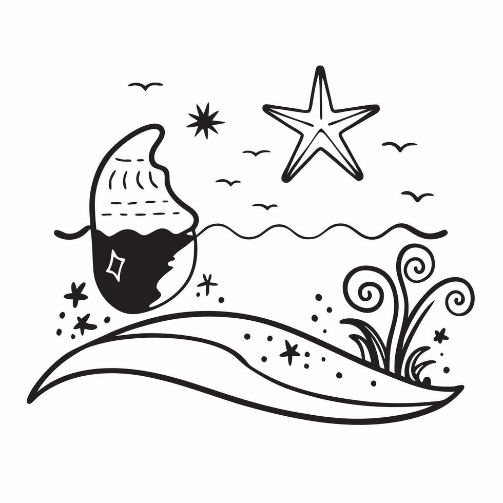 Starfish and seashells on a sandy beach with ocean waves concept as Starfish and seashells on a sandy beach with ocean waves with ample copyspace for text representing the natural Clear vector