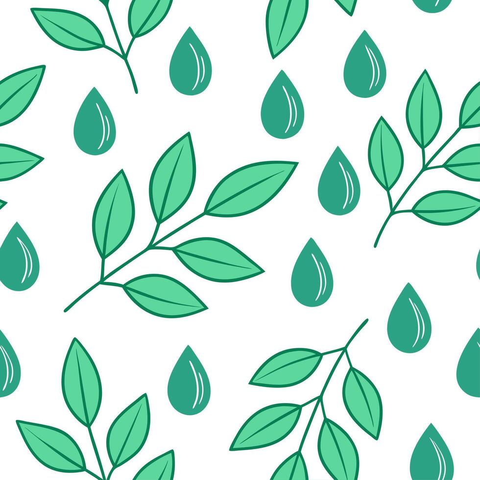 Spring nature seamless pattern with gentle rain droplets on leaves and soft green hues for serene designs concept as Seamless pattern with soft green leaves and gentle rain droplet Clear vector