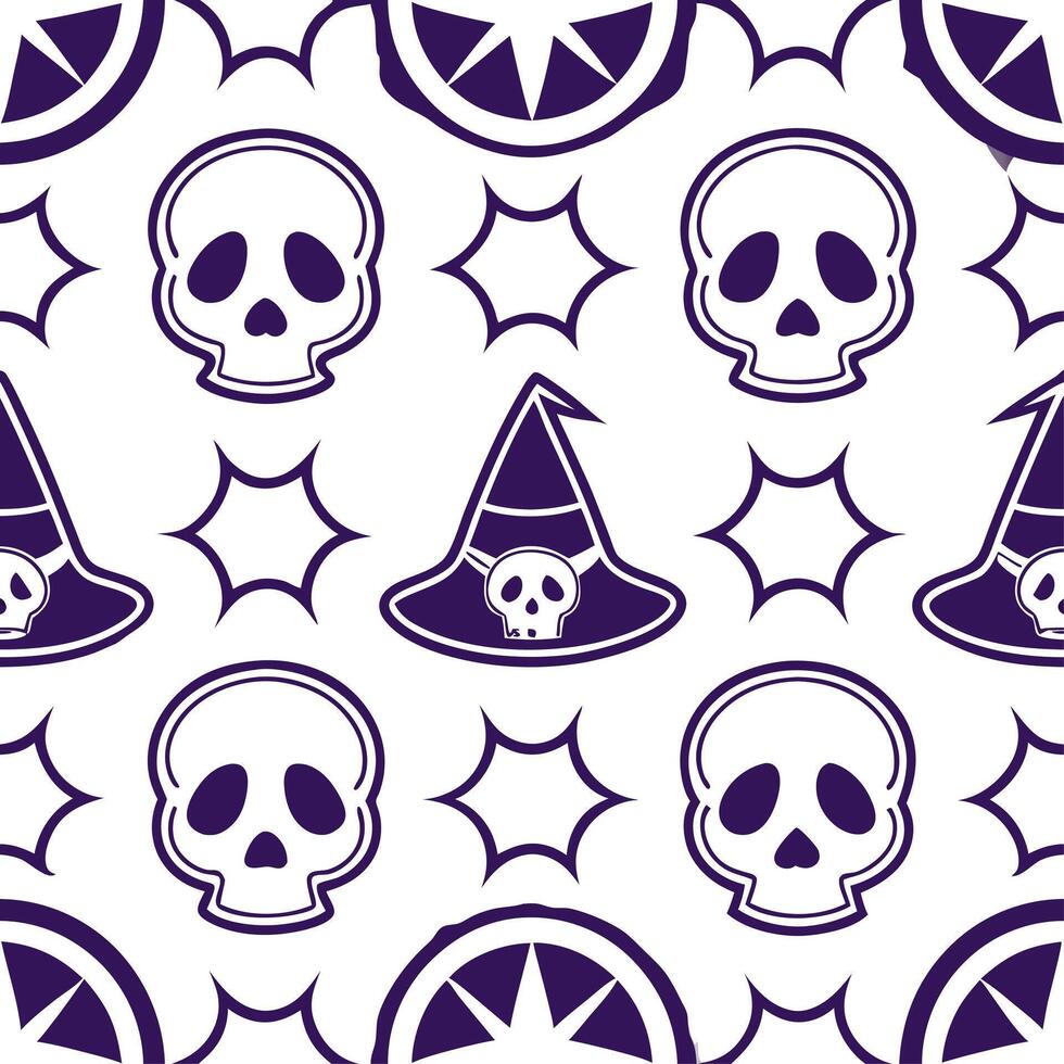 Skeletons and witches seamless tile pattern with spooky elements and dark hues for macabre Halloween decor concept as Spooky skeletons and witches arranged seamlessly with dark hue Clear vector