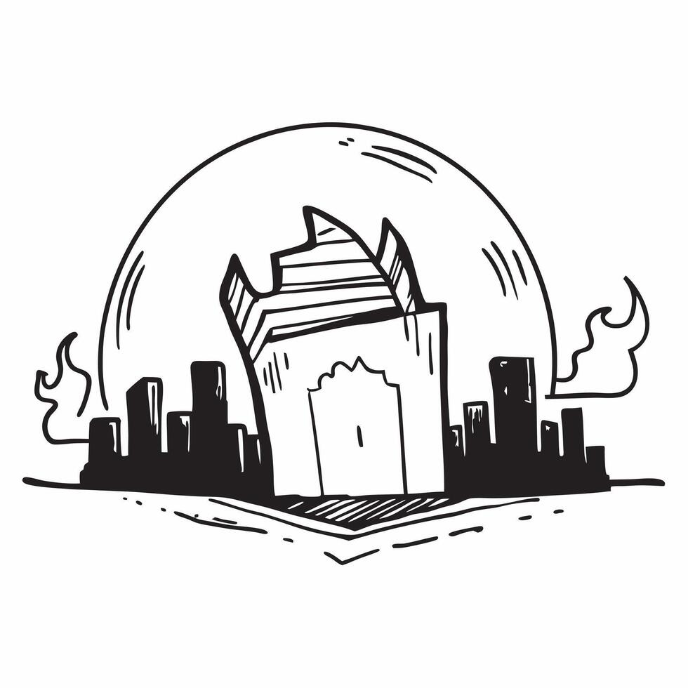 Simple flat design icon Urban Sunset Drama concept as The setting sun casts a fiery backdrop behind a city skyline illuminating buildings with a dramatic orange glow flat illustra Clear vector