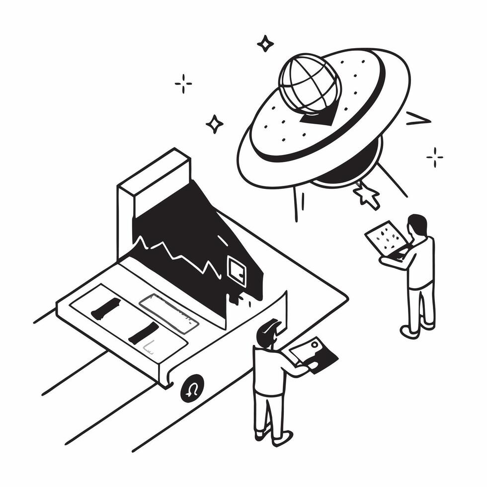 Simple flat design icon Satellite Launch concept as Engineers oversee the launch of a communication satellite highlighting the intricacies of aerospace engineeringSimple flat illu Clear Set 2 vector
