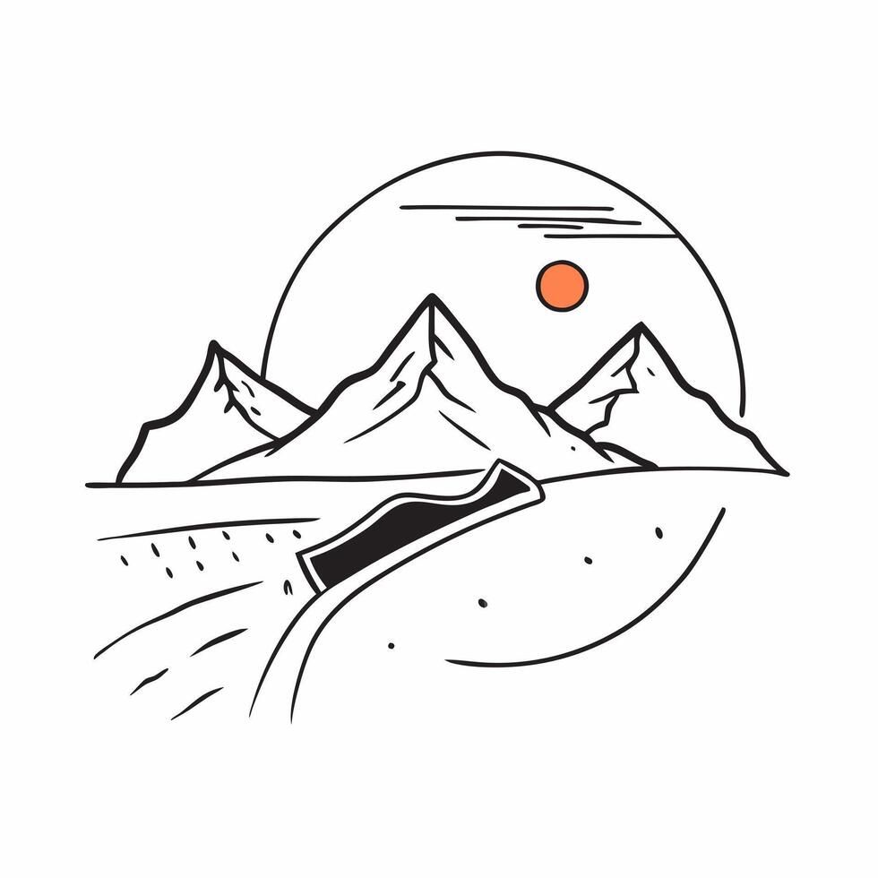 Simple flat design icon Mountain Sunset Vista concept as A fiery sunset sets the mountain range aglow highlighting the dramatic peaks and valleys in golden light flat illustration Clear vector
